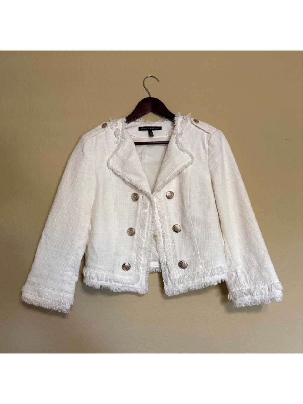 White House Black Market 12 White Tweed Fringe Cropped Double Breasted Jacket